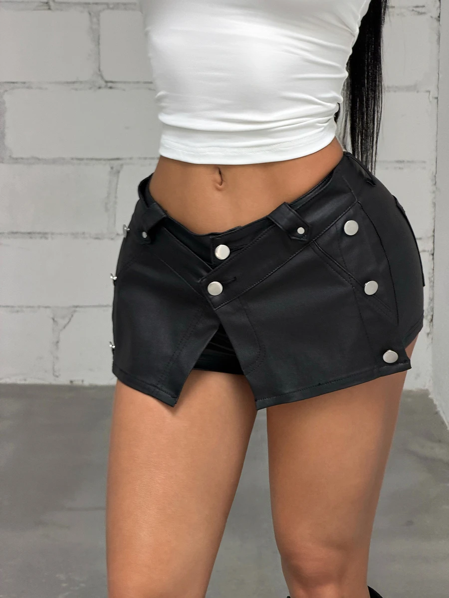 Jeanoix Y2K Women's Double Waistband Button Design Fashion Skort - Black - View 1