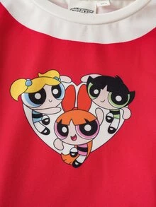THE POWERPUFF GIRLS X SHEIN Tween Girl Crew Neck Long Sleeve Top And Flare Pants Loungewear - Red and White - View 4