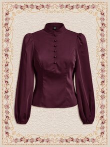 Vintamour Áo blouse nữ màu trơn thiết kế cúc tay dài phồng - Màu đỏ tím - Xem 3
