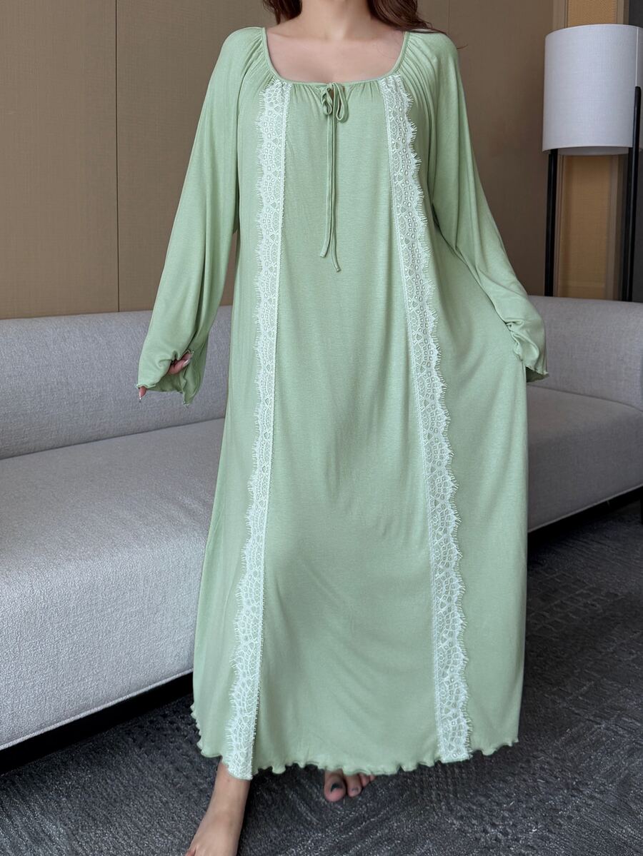 Dazy Plus Spring/Autumn New Fresh Minimalist Vacation Lace Patchwork Neckline Tie Bell Sleeve Loose Nightgown - Green - View 1