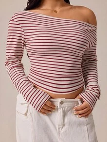 GalTyme Plus Size Street Fashion Versatile Striped Colorblock Long Sleeve T-Shirt - Red and White - View 9