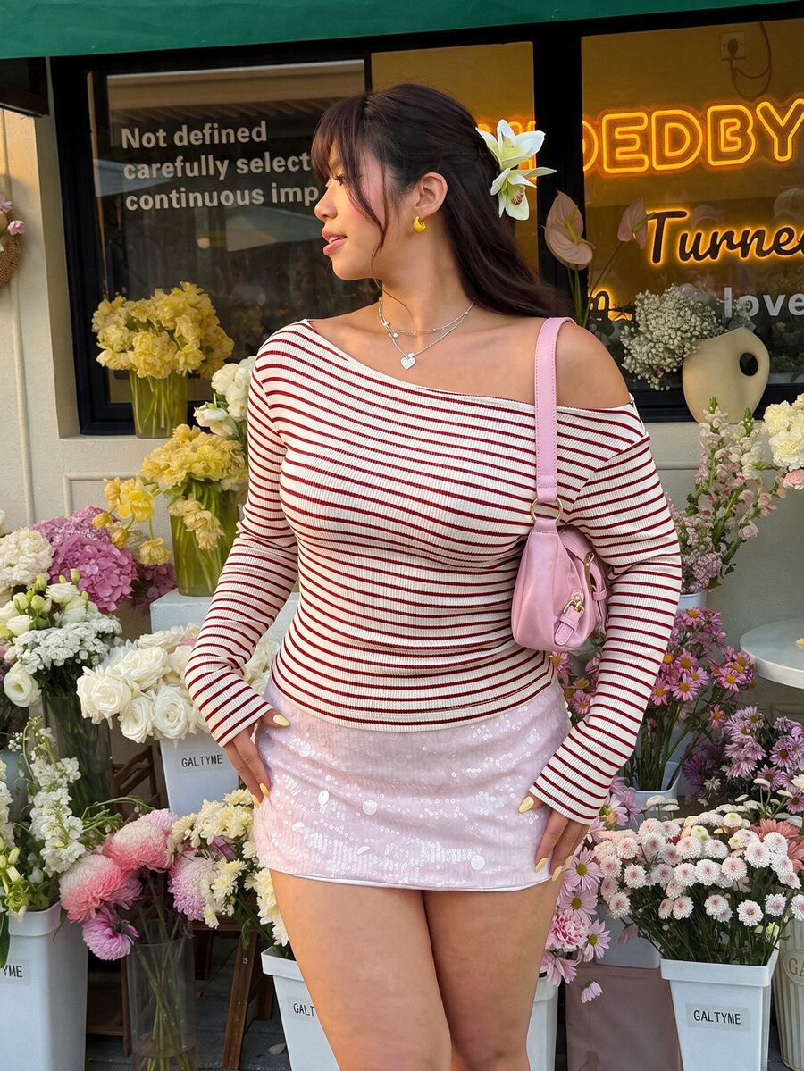 GalTyme Plus Size Street Fashion Versatile Striped Colorblock Long Sleeve T-Shirt - Red and White - View 1