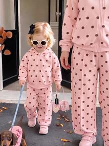 Bộ 2 món áo hoodie kéo khóa và quần dài chấm bi màu hồng cho bé, bộ đồ áo nỉ và quần dài in họa tiết chấm bi dễ thương cho trẻ sơ sinh - Nhiều màu - Xem 2