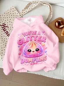 亮粉色多巴胺亮片捏捏樂麵包可愛食物圖案印花，You Are A Shiny Little Dumpling，女款休閒舒適柔軟寬鬆連帽衛衣，新款適合秋冬日常、外出、運動，俏皮甜酷女孩學院風，個性休閒時尚，Cyber Sweetheart，Y2K - 彩色 - 查看 1