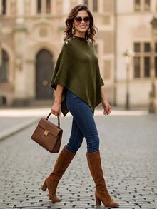EMERY ROSE Sweater Wanita Model Poncho Lengan Kelelawar Kerah Tinggi dengan Detail Kancing Bahu, Pullover Rajut Longgar untuk Musim Gugur dan Musim Dingin - Hijau - View 4