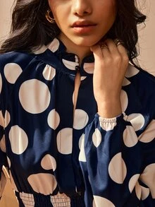 SHEIN French Style Large Polka Dot Long Dress, Ruffle Collar, Long Sleeve, High Waist, Slimming Layered Hem, Versatile Daily & Travel Long Dress - Multicolor - View 6