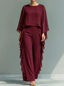 Linhara CURVE Autumn/Winter Cherry Red Luxury Elegant Evening Gown Set, Sophisticated Lady Style, Atmospheric Plus Size 2 Pieces Outfit - Burgundy - View 6