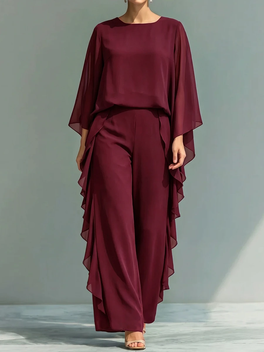 Linhara CURVE 秋冬櫻桃紅奢華優雅晚禮服套裝,成熟淑女風,大氣大尺碼兩件式套裝 - 酒紅色 - 查看 1