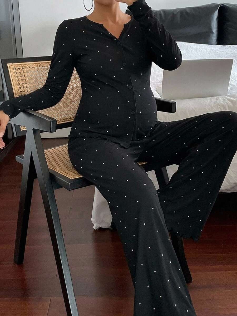 DAZY Contrast Polka Dot Button-Front Long Sleeve T-Shirt And Straight Leg Pants Casual Daily Home Wear Spring Autumn Maternity 2 Pieces Set - Black - View 1