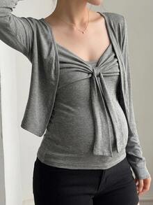 DAZY Slim Fit Tie Bow Tank Top Short Cardigan Casual Vacation Korean Style Spring Autumn Maternity 2 Pieces Set - Grey - View 5