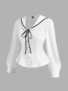 Sweetra Plus Size Women's Casual Commute Minimalist Woven White Long Sleeve Shirt, Autumn/Winter Fall - White - View 3