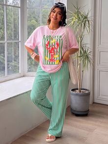 SHEIN EZwear 大尺碼女款字母龍蝦印花短袖T恤與條紋長褲休閒兩件套 - 棕色 - 查看 5