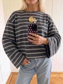 SHEIN EZwear 海外長袖條紋圖案印花T恤，大尺碼圓領長袖上衣，適合日常通勤、聚會、秋冬春夏、聖誕節、新年、感恩節、派對、婚禮、海灘、畢業典禮、優雅、外出、約會、通勤、情人節、優雅、度假、Y2K、畢業典禮等 - 彩色 - 查看 4