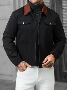 Manfinity CasualCool 男士拼色拉鍊休閒百搭日常旅行長袖夾克 - 黑色 - 查看 4
