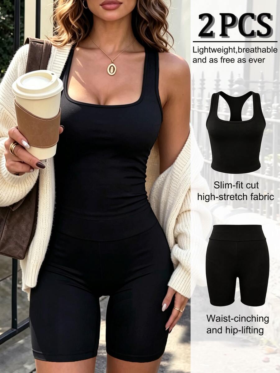 Pariaura Setelan Olahraga Lari dan Kebugaran Wanita: Atasan Tank Top Racerback Pas Badan dan Celana Pendek Ketat Kontrol Perut untuk Wanita - Hitam - View 1