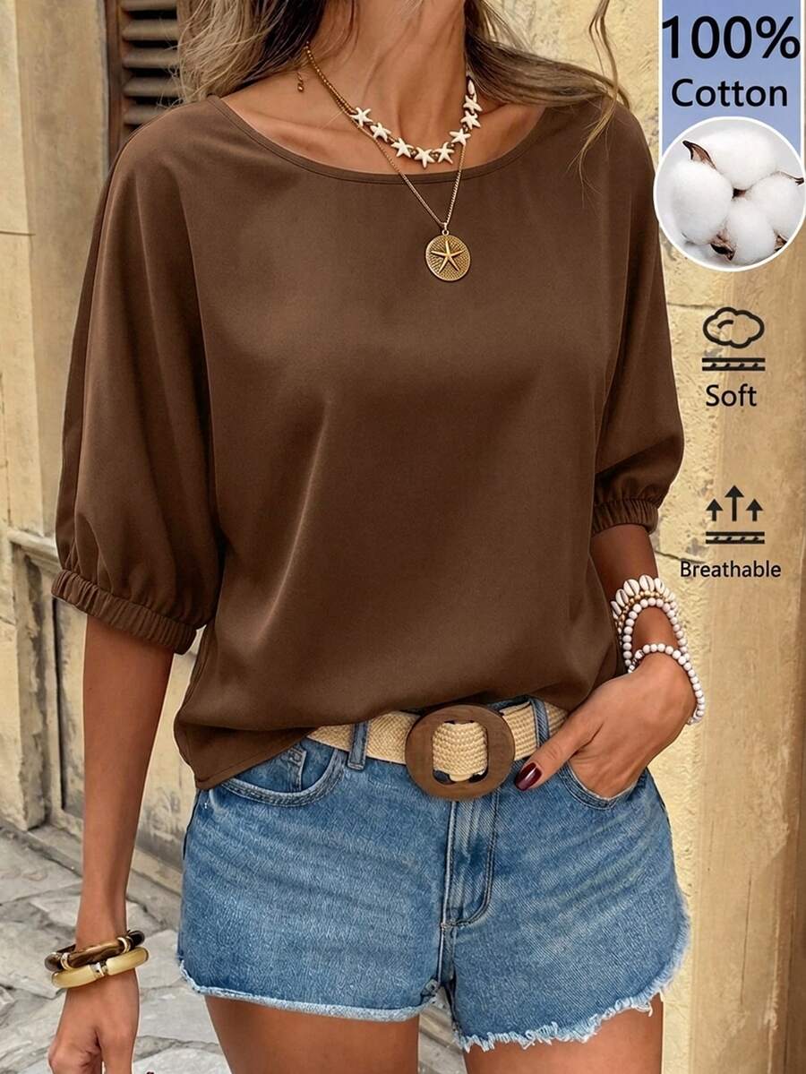 SHEIN LUNE 女款純棉七分袖棕色襯衫 - 棕色 - 查看 1