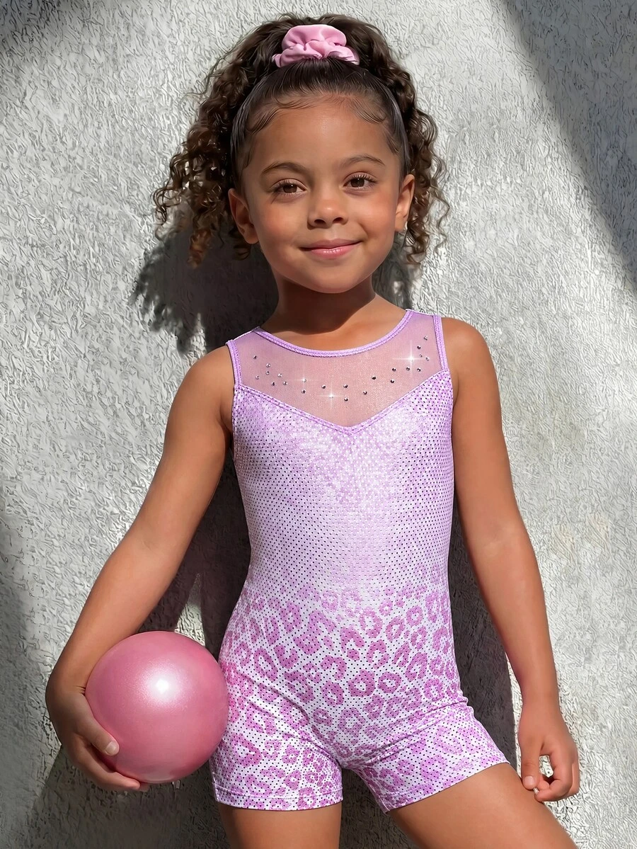 女童運動服 無袖舞蹈健身操 7歲生日體操連身衣短褲 透網水鑽 紫色箔面表演服 秋季