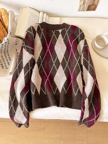 CosyJoli Women's Diamond Pattern Round Neck Long Sleeve Casual Versatile Sweater - Multicolor - View 2