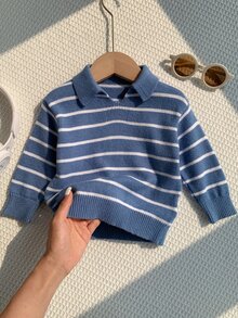 SHEIN 男嬰彩色條紋圓領長袖套頭毛衣，百搭舒適 - 藍色 - 查看 6