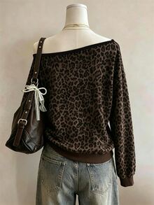 Lalippa Women's Leopard Print Asymmetrical Shoulder Casual Everyday Long Sleeve Sweatshirt - Multicolor - View 2