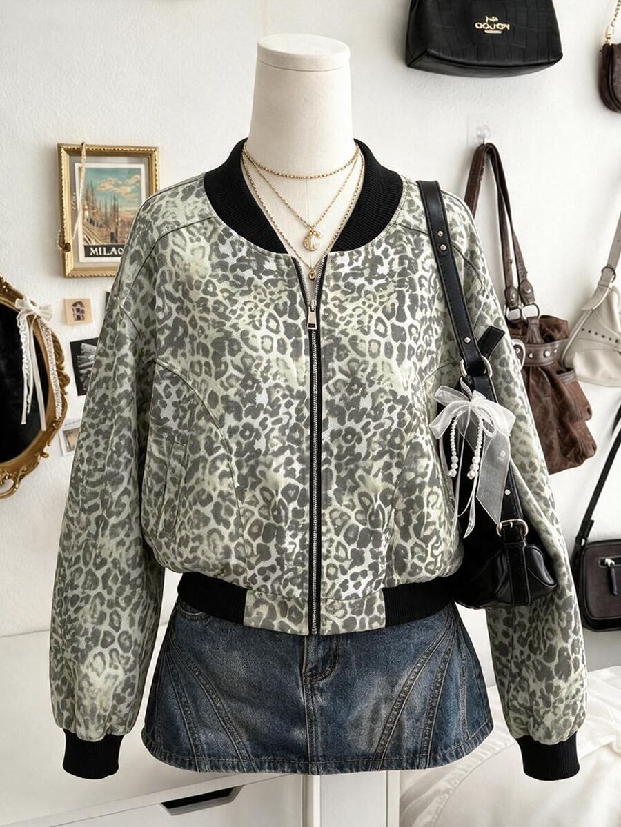 Collagica Collagica Women's Leopard Print Pocket Zipper Long Sleeve Jacket - Multicolor - View 1