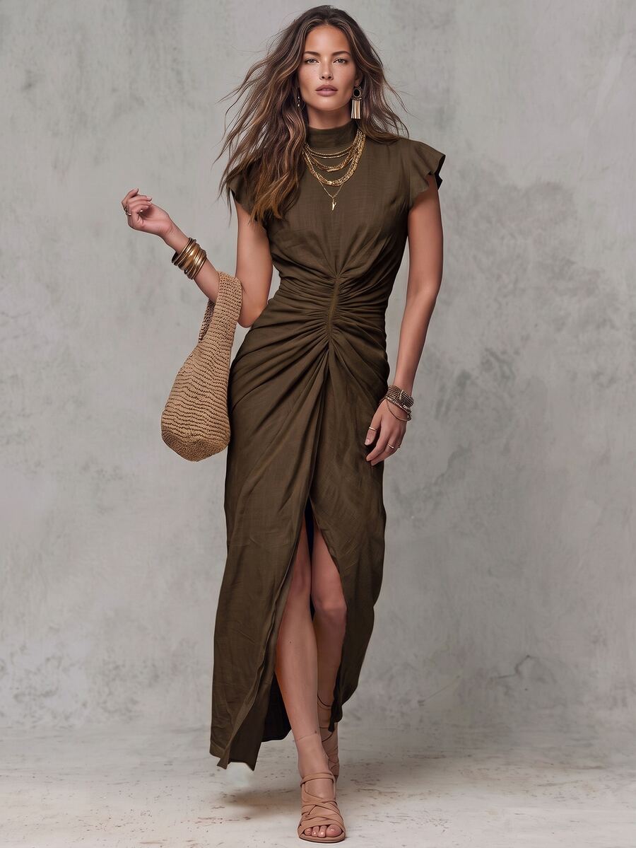 Solivie Women's Solid Color Pleated Elegant Waist-Cinched Long Dress For Party And Gathering - Coffee Brown - View 1