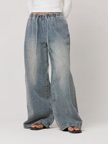 Musera Petite Grey Drawstring Denim Trousers Autumn Winter Back To School Daily Everyday - Blue - View 2