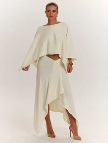 SHEIN BAE French Minimalist Slouchy Design Fashion Simple Shawl Asymmetrical Slimming Elegant Skirt High-Quality 2 Pieces Knit Set - Beige - View 6