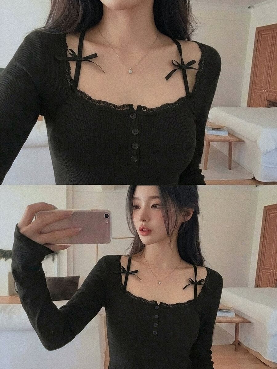 DAZY Solid Color Contrast Lace Trim Bow Long Sleeve Square Neck Elegant Sexy Vacation Spring Autumn Women's T-Shirt - Black - View 1