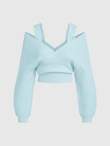 ROMWE Kawaii 女款 2 件套 肩帶 V 領蕾絲吊帶寬鬆寬腿褲舒適居家毛衣 - 淺藍色 - 查看 10