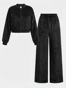 SHEIN 青少年女孩秋冬保暖內裡加厚兩件套 長袖拉鍊連帽外套 + 寬腿運動長褲 休閒套裝，適合日常穿著、居家、街頭，舒適 - 黑色 - 查看 6