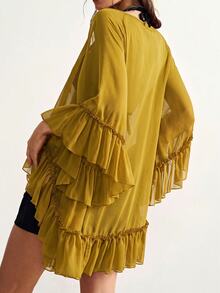 Bohemela Casual Solid Color Woven Ruffle Trim Oversized Women's Blouse - Yellow - View 2