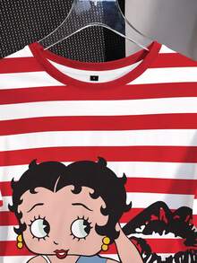 Betty Boop x SHEIN 女款條紋卡通印花休閒日常穿著T恤 - 白色 - 查看 4