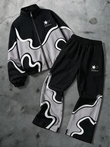 SHEIN 秋冬青少年男孩2件套 黑色與灰色波浪對比色立領拉鍊夾克外套與波浪滿版印花慢跑長褲 街頭運動套裝 - 黑色 - 查看 1