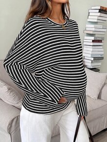 SHEIN 孕婦條紋休閒日常長袖T恤 - 黑色 - 查看 7