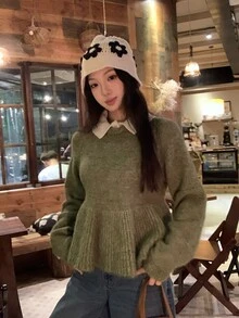 DAZY Women's Turn-Down Collar Long Sleeve Solid Color Sweater, Autumn/Winter - Mist Green - View 9