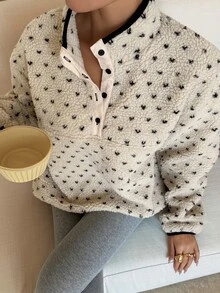 DAZY Cream White Polka Dot Lamb Fleece Round Neck Button Half-Placket Loose Long Sleeve Casual Sweatshirt - Grey - View 1