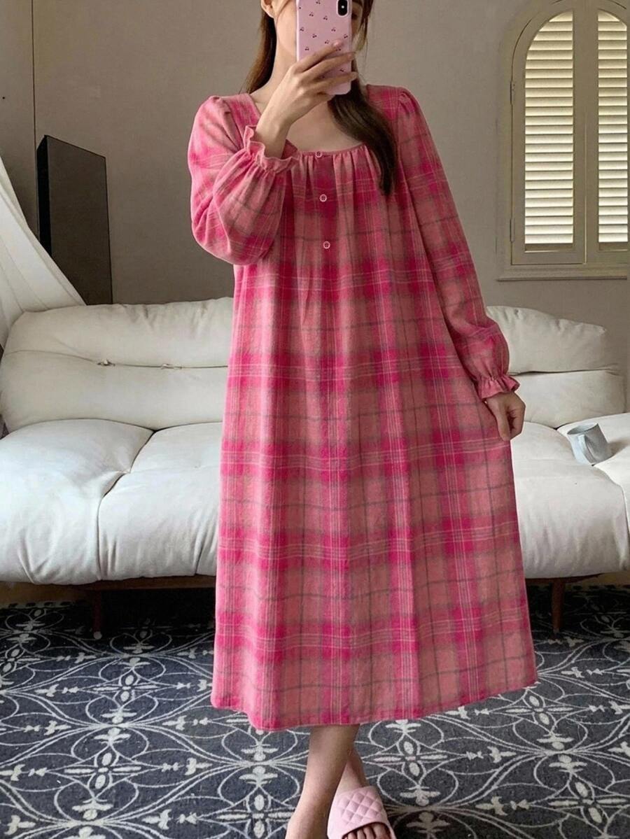 DAZY Plaid Ruffle Petal Sleeve Long Dress Women's Nightgown - Pink - View 1