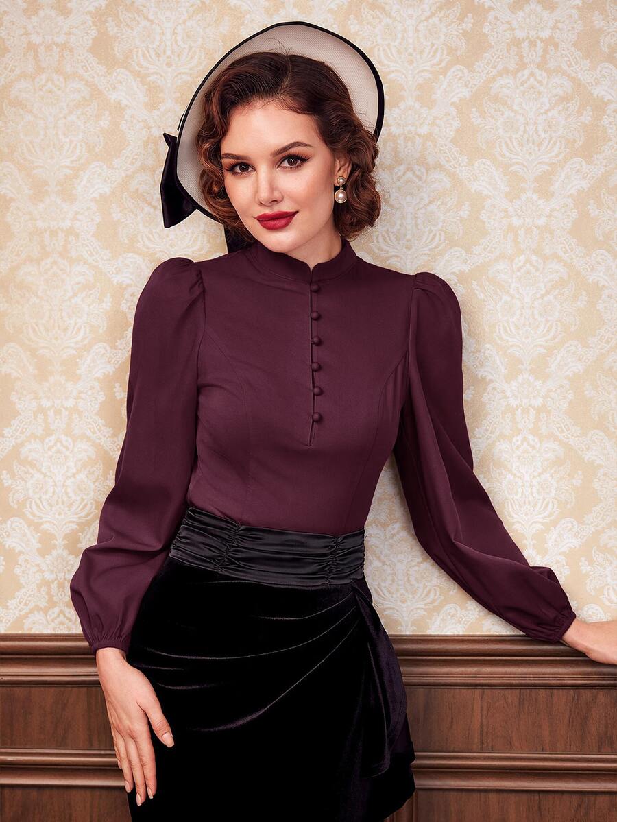 Vintamour Áo blouse nữ màu trơn thiết kế cúc tay dài phồng - Màu đỏ tím - Xem 1
