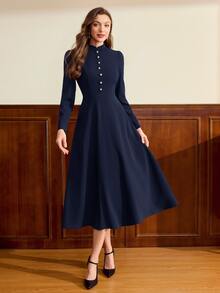Vintamour Vintage Elegant Women's Dress With Pockets, Button Cheongsam Collar, New Chinese Style Casual Commute Vacation Holiday Dress - Navy Blue - View 7