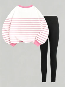 Tween女孩休閒極簡時尚經典粉色條紋配粉色Logo愛心圖案圓領長袖衛衣與內搭褲2件套，適合秋冬Y2K、Chill、舒適秋季與冬季風格，時尚秋季 - 白色 - 查看 3