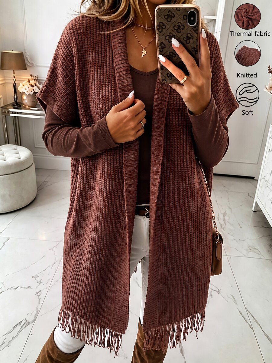 Holdful Holdful Autumn/Winter New Mid-Length Cardigan With Tassel Hem Design, Casual Lazy Style For Women - Coffee Brown - View 1
