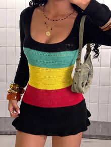 Jeanoix Colorblock Black And Yellow Knit Bodycon Mini Dress, Long Sleeve Low Round Neck Hollow Out Ruffle Hem Nightclub Going Out Night Out Dress Fall Sexy - Black - View 5
