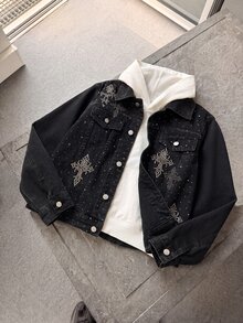 Tween Boy Shining Sequined Cross Pattern Black Denim Loose And Comfortable Long-Sleeved Jacket - Black - View 5