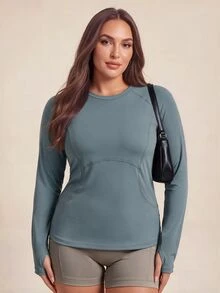Gameset SHEIN Sport Kaos Olahraga Lengan Panjang Raglan Warna Polos Ukuran Plus Wanita, Warna Biru Tua Adil, Alternatif Musim Gugur, Kawaii Musim Gugur - Hitam dan Putih - View 4