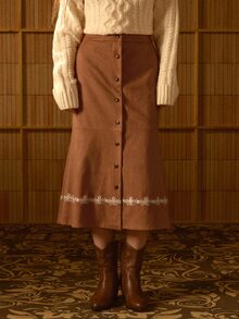 MOTF STUDIO WOMEN'S AUTUMN/WINTER VINTAGE BOHEMIAN SUEDE EMBROIDERED HEM LONG SKIRT - Rust Brown - View 2