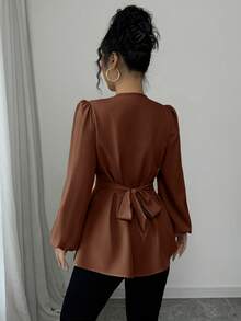 Fine & Folde Women's Round Neck Pleated Casual Versatile Daily Wear Blouse - Coffee Brown - View 2