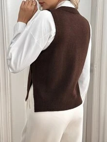 Sprig & Strand Women's Vintage Minimalist Round Neck Knit Vest With Double-Sided Gold Buckles, Loose Sleeveless Layering Sweater - Brown - View 2