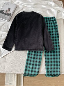SHEIN 2件組兒童青少年男孩休閒日常百搭舒適黑綠圖案圓領套頭長袖上衣與長褲套裝，秋冬聖誕款 - 彩色 - 查看 3