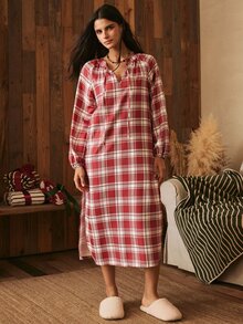 Lullawish Women's Bohemian Vacation Loose Plaid Print Nightgown - Multicolor - View 3